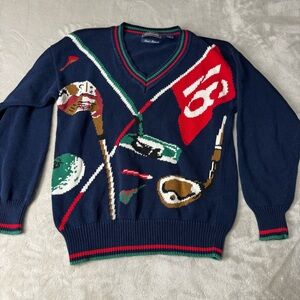 Vintage Hand Intarsia Hathaway Golf Sweater blue medium